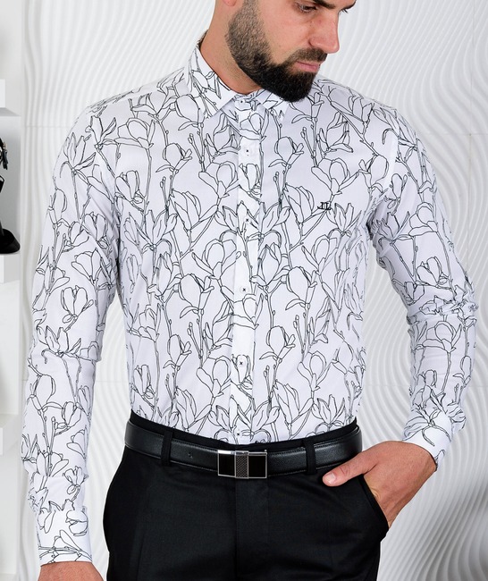 Мъжка бяла риза с контурни черни лалета