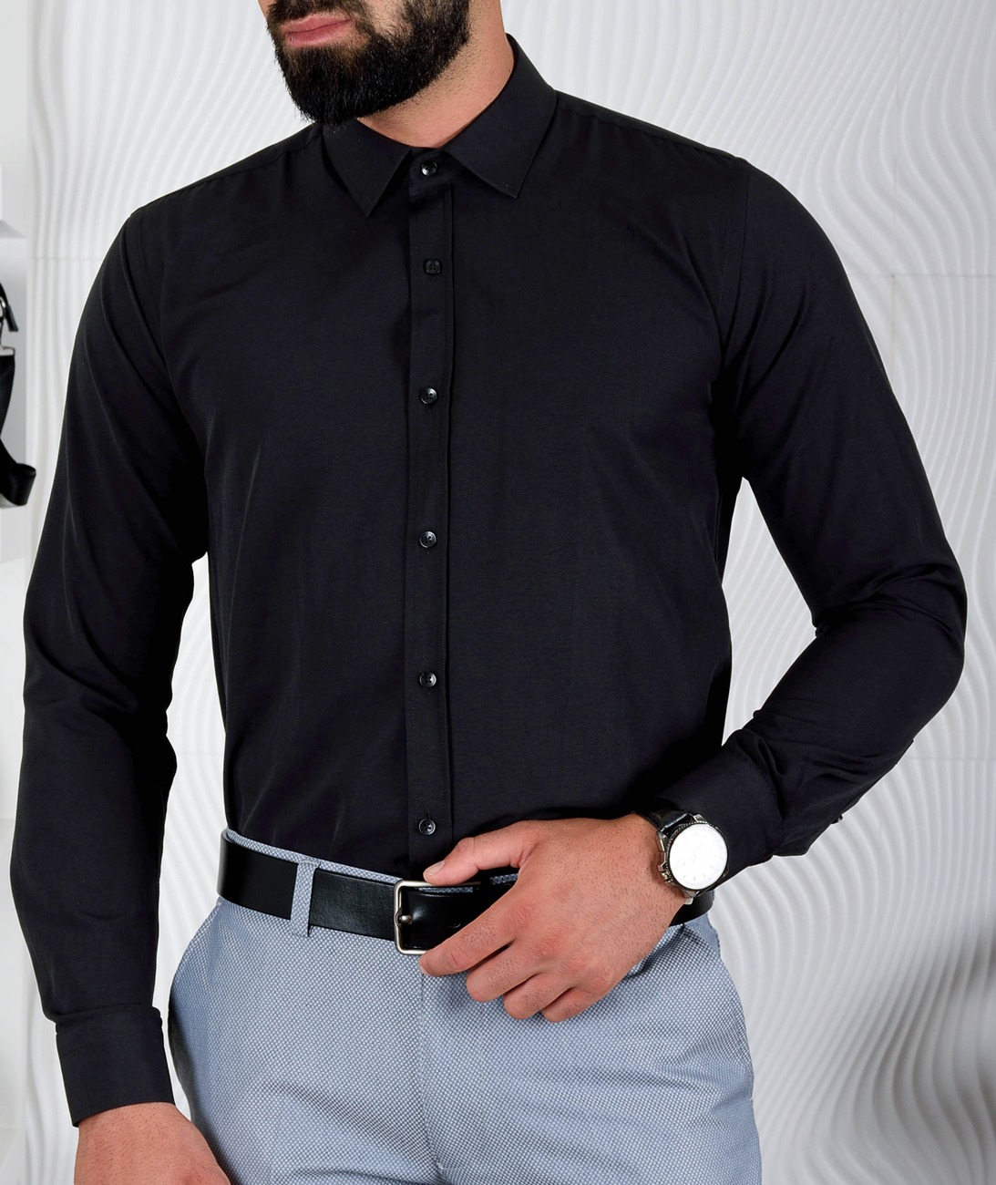 Изчистена мъжка черна риза Standart Slim Fit Изчистена мъжка черна риза Standart Slim Fit