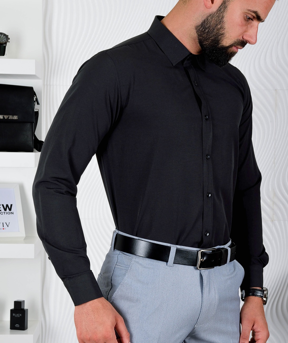 Изчистена мъжка черна риза Standart Slim Fit Изчистена мъжка черна риза Standart Slim Fit