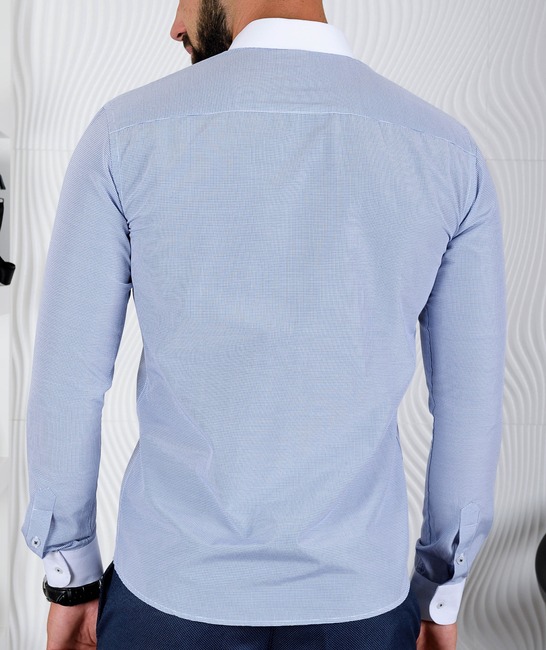 Официална мъжка синя риза на квадрати с бяла яка
