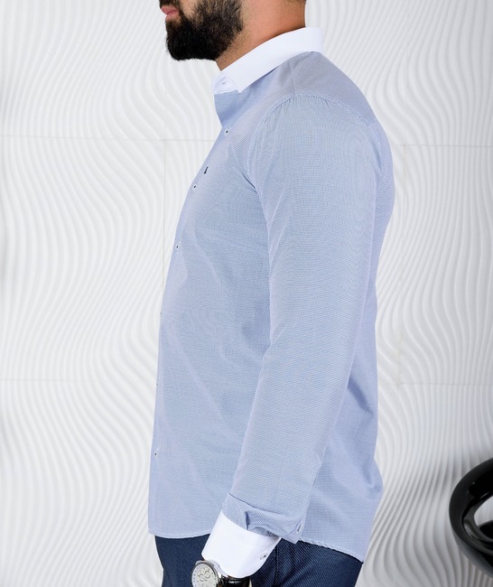 Официална мъжка синя риза на квадрати с бяла яка