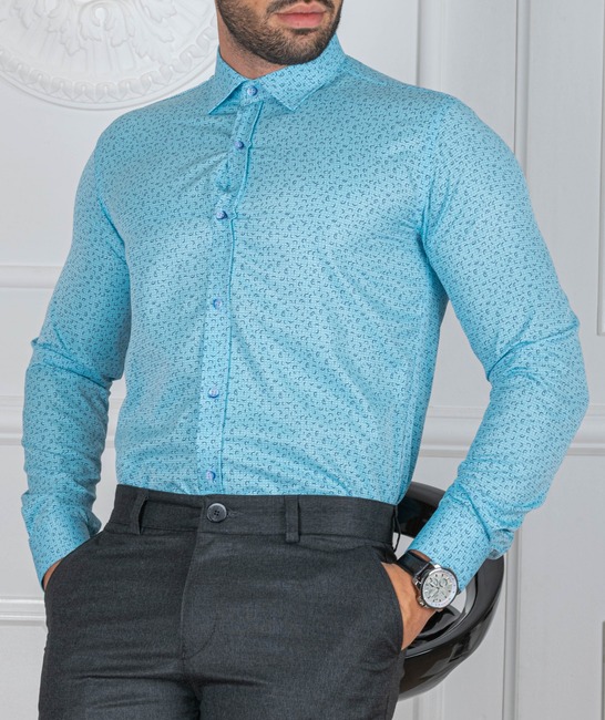 Синя мъжка риза с дъговидни черни елементи