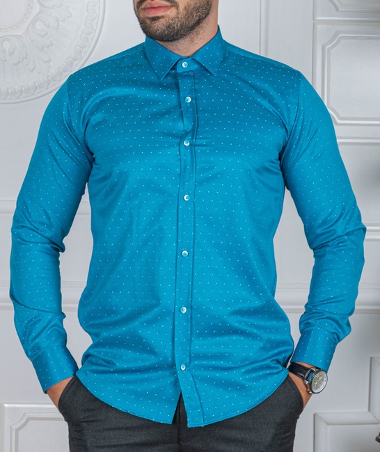 Мъжка синя риза на малки бели точки
