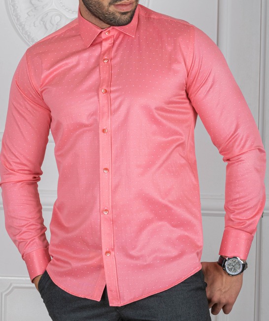 Мъжка розова риза на малки бели точки
