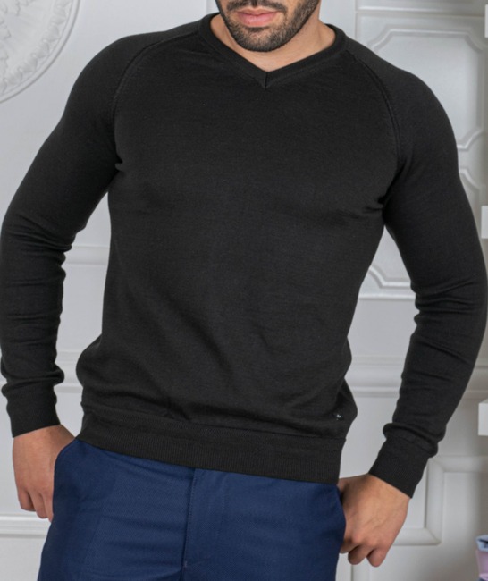 Мъжки пуловер остро деколте и реглан ръкав цвят черен