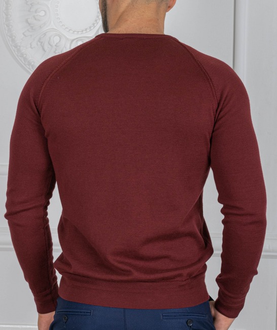 Мъжки пуловер остро деколте и реглан ръкав цвят бордо