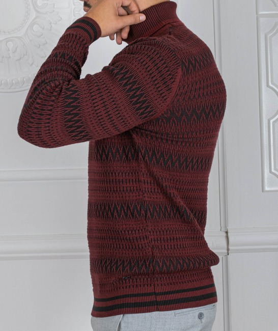 Мъжки пуловер с поло яка на зигзаг орнаменти цвят бордо