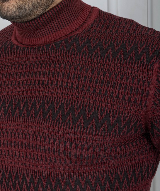 Мъжки пуловер с поло яка на зигзаг орнаменти цвят бордо