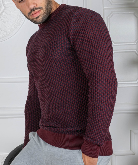 Мъжки пуловер с шахматна плетка цвят бордо