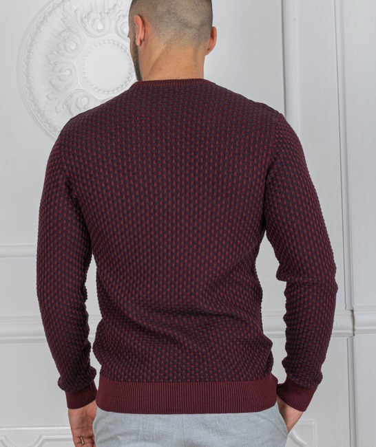 Мъжки пуловер с шахматна плетка цвят бордо
