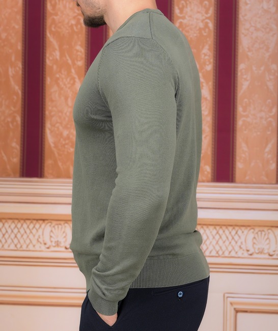 Мъжки пуловер с обло деколте памучен цвят зелен