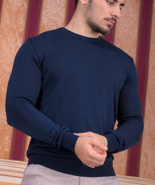 Пуловер с обло деколте цвят тъмно син памучен