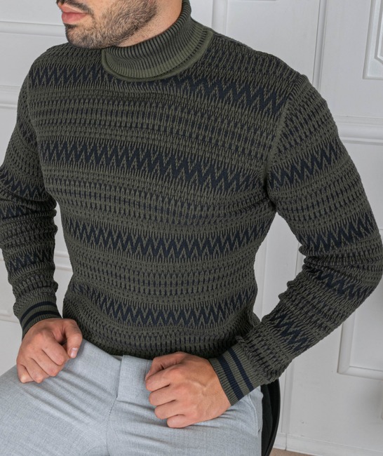 Мъжки пуловер с поло яка на зигзаг орнаменти цвят зелен