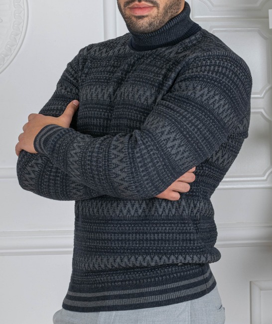Мъжки пуловер с поло яка на зигзаг орнаменти цвят син