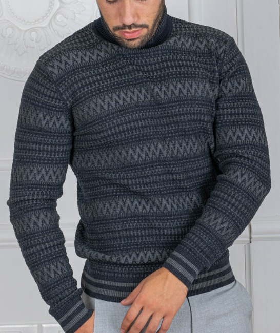 Мъжки пуловер с поло яка на зигзаг орнаменти цвят син