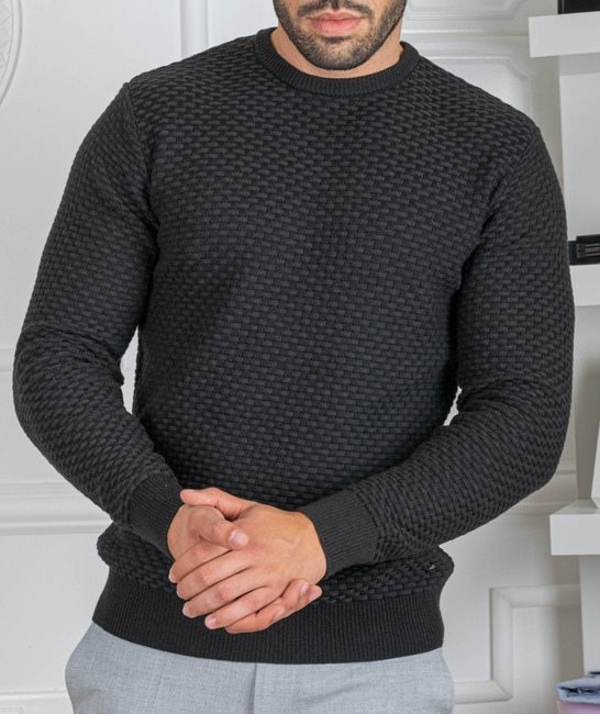 Мъжки пуловер с шахматна плетка цвят черен