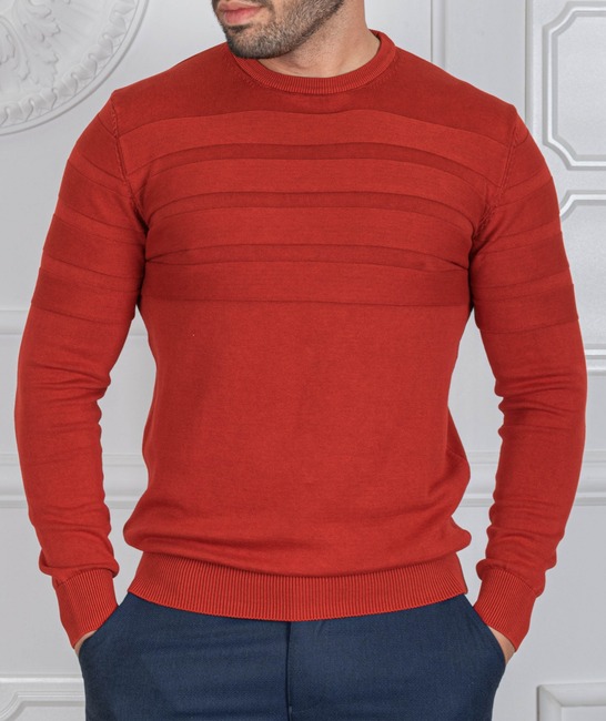 Мъжки пуловер с хоризонтални ленти цвят червен
