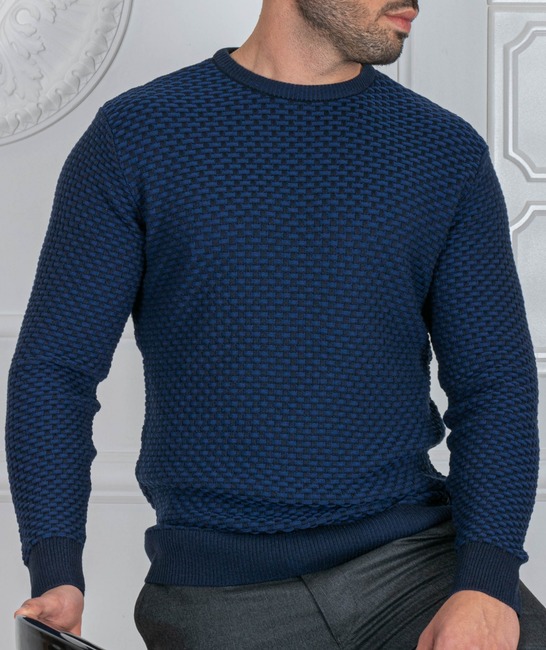 Мъжки пуловер с шахматна плетка цвят тъмно син
