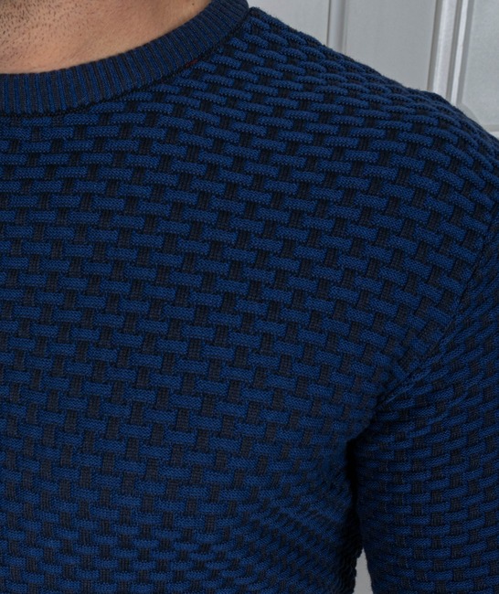 Мъжки пуловер с шахматна плетка цвят тъмно син