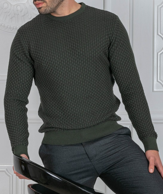 Мъжки пуловер с шахматна плетка цвят зелен
