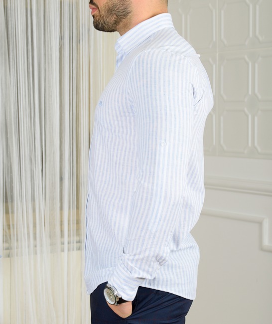 Мъжка ленена бяла риза на вертикални ленти цвят син