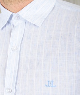 Мъжка синя ленена риза на бели вертикални ленти