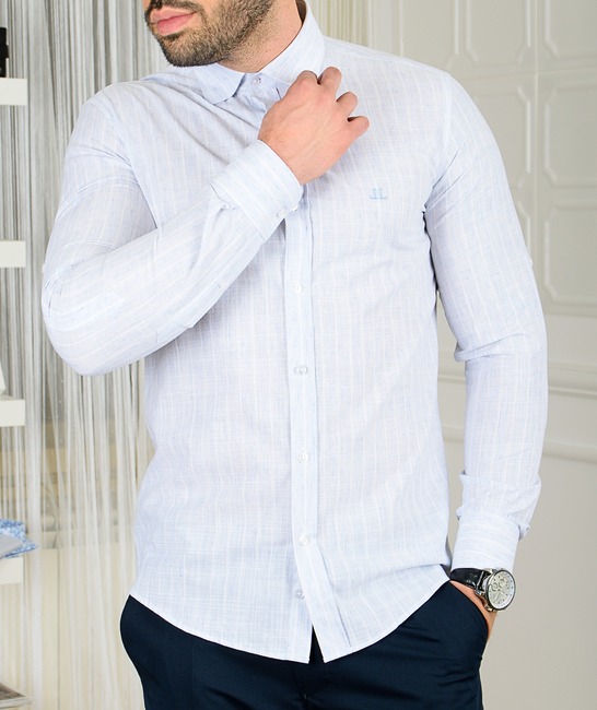 Мъжка синя ленена риза на бели вертикални ленти