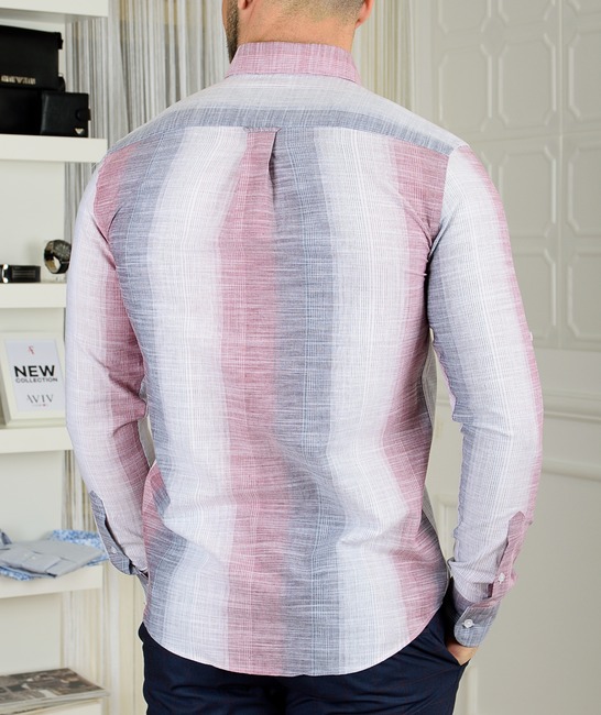 Мъжка ленена риза цвят бордо на вертикални ивици