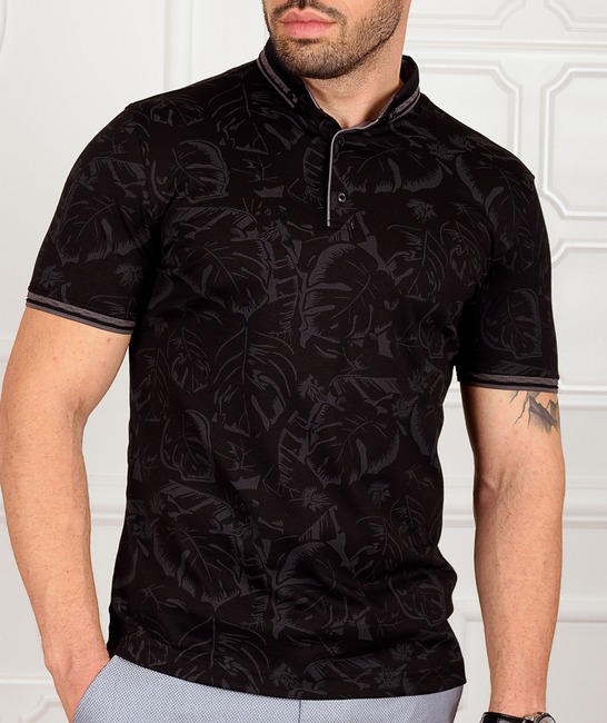 Черна мъжка поло тениска с тропически листа