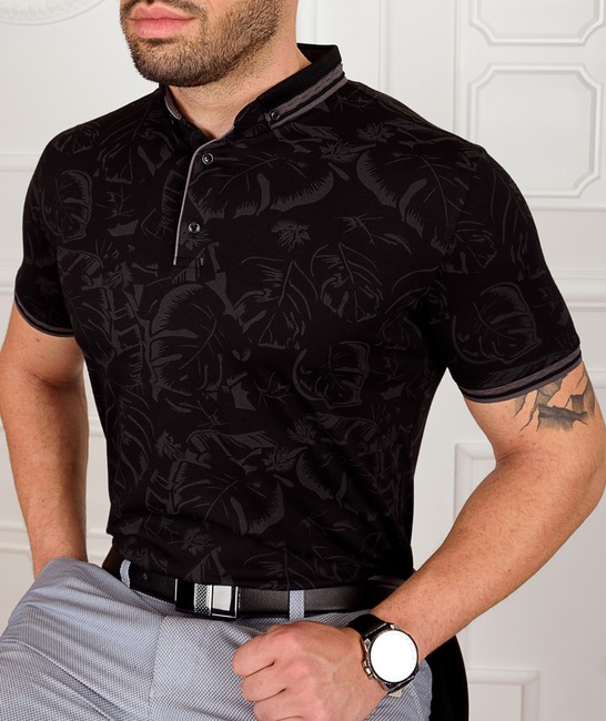 Черна мъжка поло тениска с тропически листа