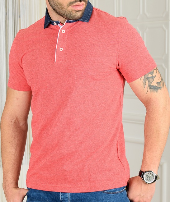 Мъжка червена поло тениска с дънкова яка