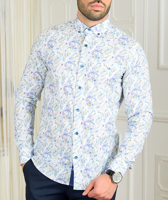 Мъжка бяла риза с абстрактни елементи