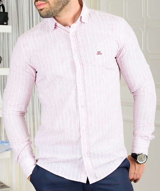 Мъжка ленена риза на бели вертикални ленти цвят бордо
