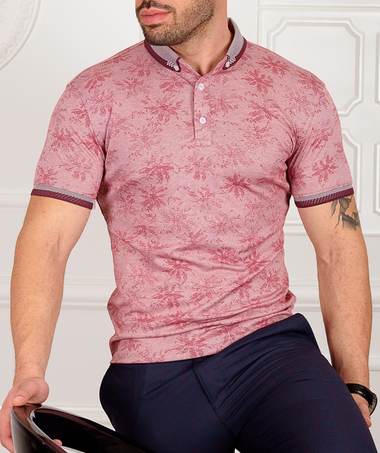 Мъжка ефектна тениска с яка цвят бордо на цветя