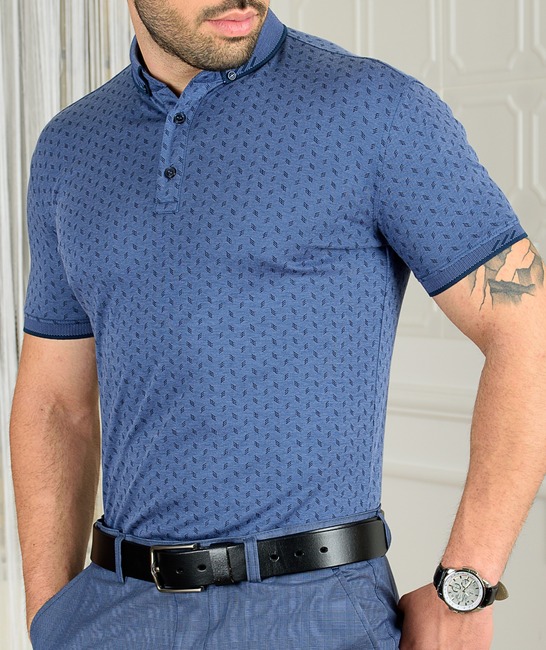 Мъжка синя тениска с яка на лентички
