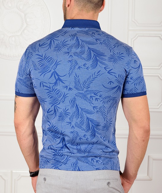 Мъжка синя тениска с яка на тропически листа