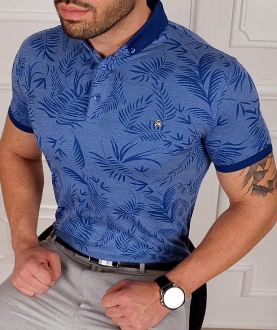 Мъжка синя тениска с яка на тропически листа