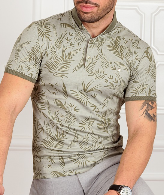 Мъжка зелена тениска с яка на тропически листа