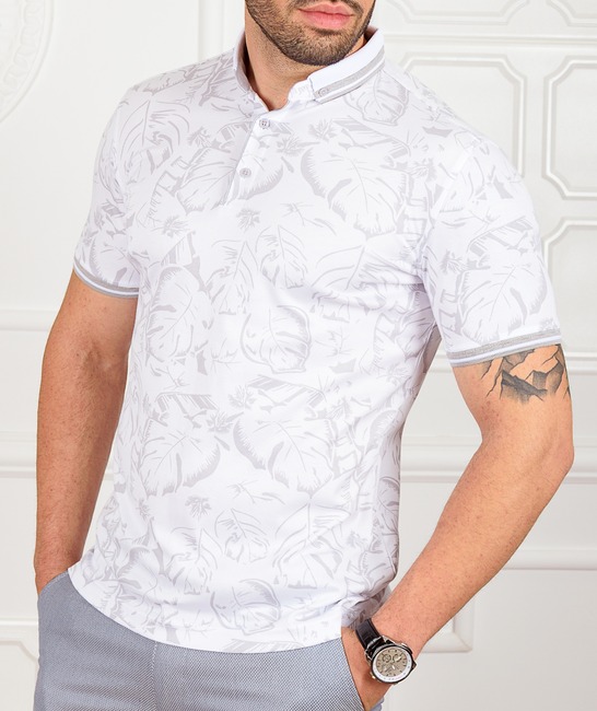 Бяла мъжка поло тениска с тропически листа