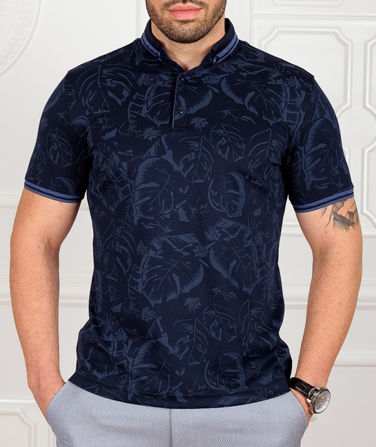 Синя мъжка поло тениска с тропически листа