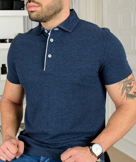 Мъжка тъмно синя поло тениска с дънкова яка