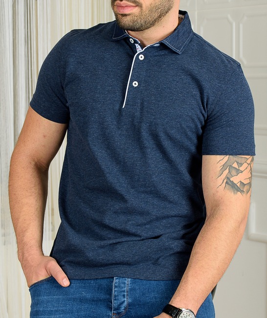Мъжка тъмно синя поло тениска с дънкова яка