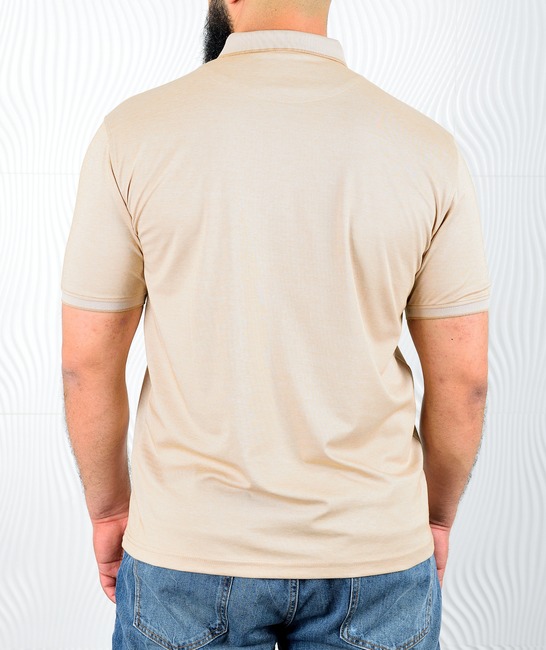 Мъжка поло тениска цвят бежов голям размер с син кант