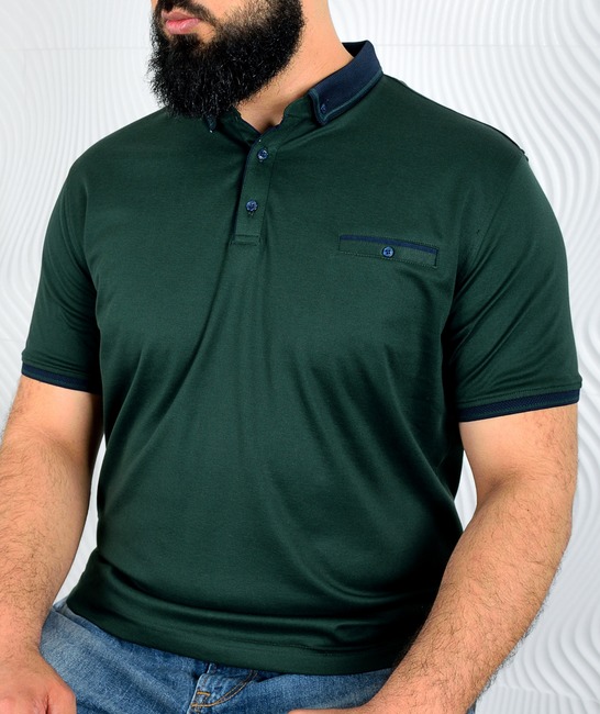 Мъжка тениска с яка цвят маслено зелен голям размер