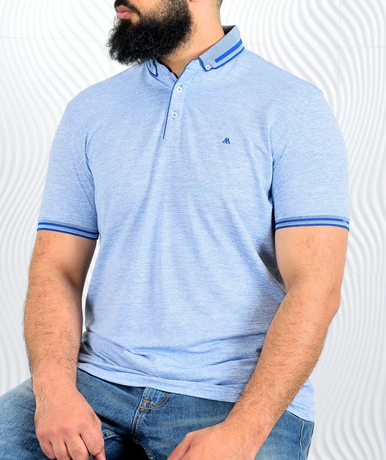 Мъжка синя поло тениска в голям размер на шестограми