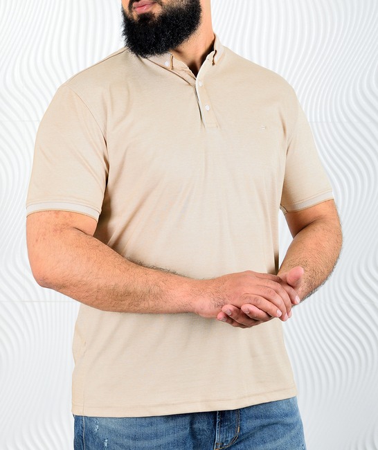 Мъжка поло тениска цвят бежов голям размер с бял кант
