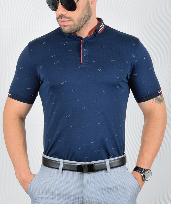 Мъжка поло тениска с птици цвят тъмно син