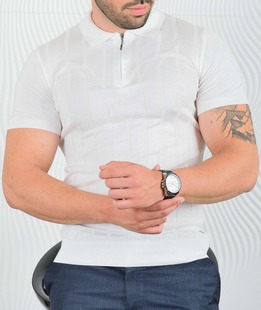 Бяла мъжка поло тениска с цип