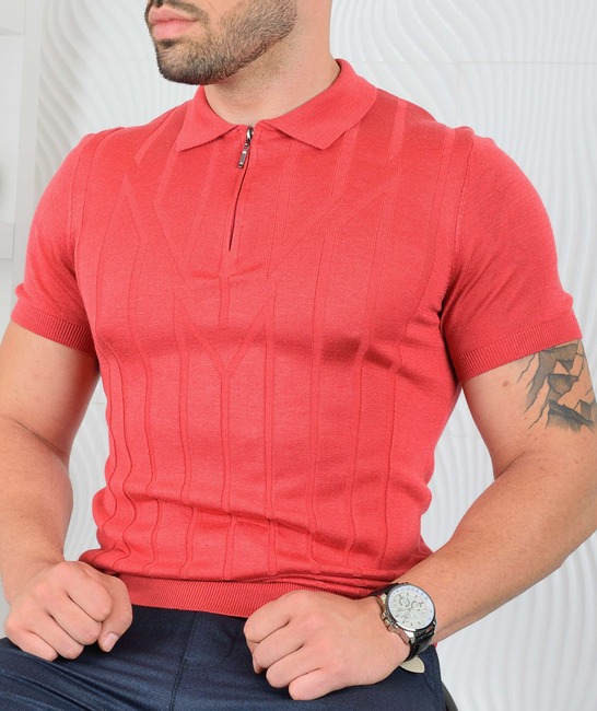 Мъжка поло тениска с цип цвят диня