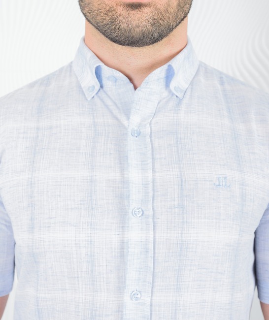 Мъжка синя ленена риза с къс ръкав